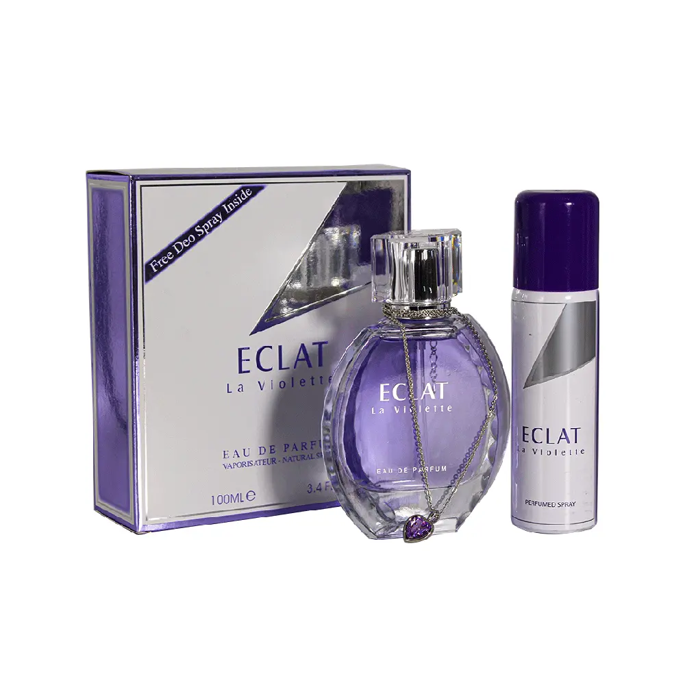 ادکلن فراگرنس ورد اکلت لا ویولت 100 میل همراه با اسپری Fragrance World ECLAT La Violette Free Deo spray Inside